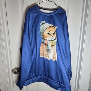 Ladies Blue Cat Crew Neck Cute Pullover Sweatshirt Size XL